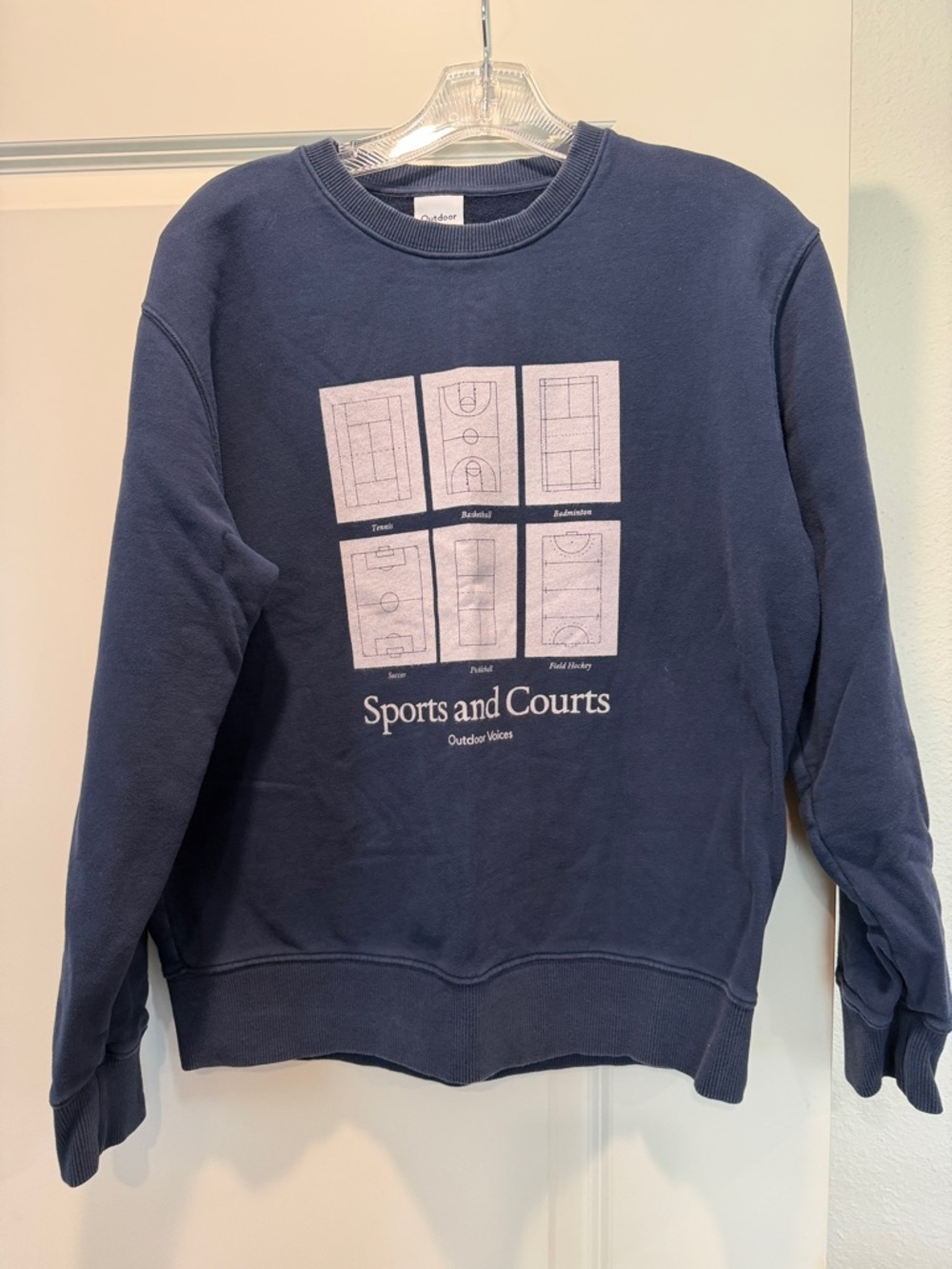 Outdoor Voices Navy Crewneck Sweatshirt with 'Sports and Courts' Graphic